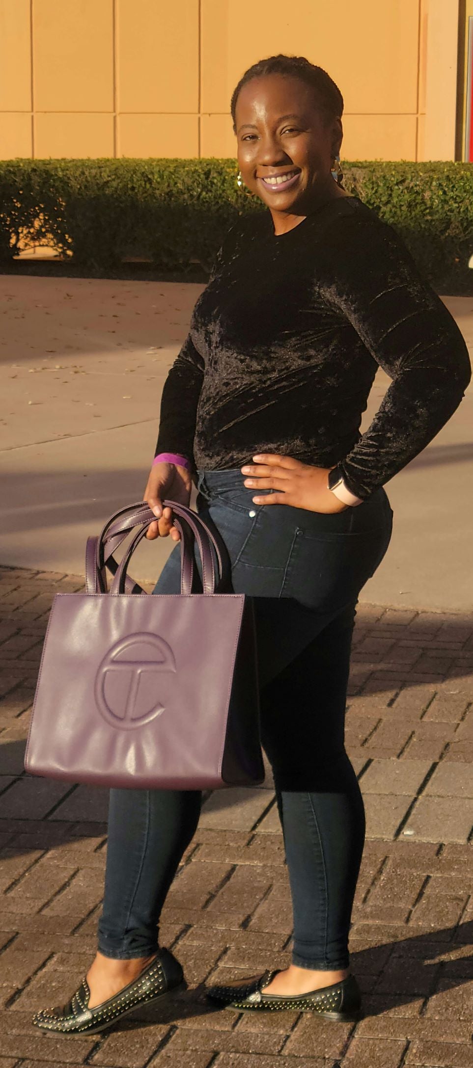 Black Long Sleeve Velvet Bodysuit and Skinny Jeans