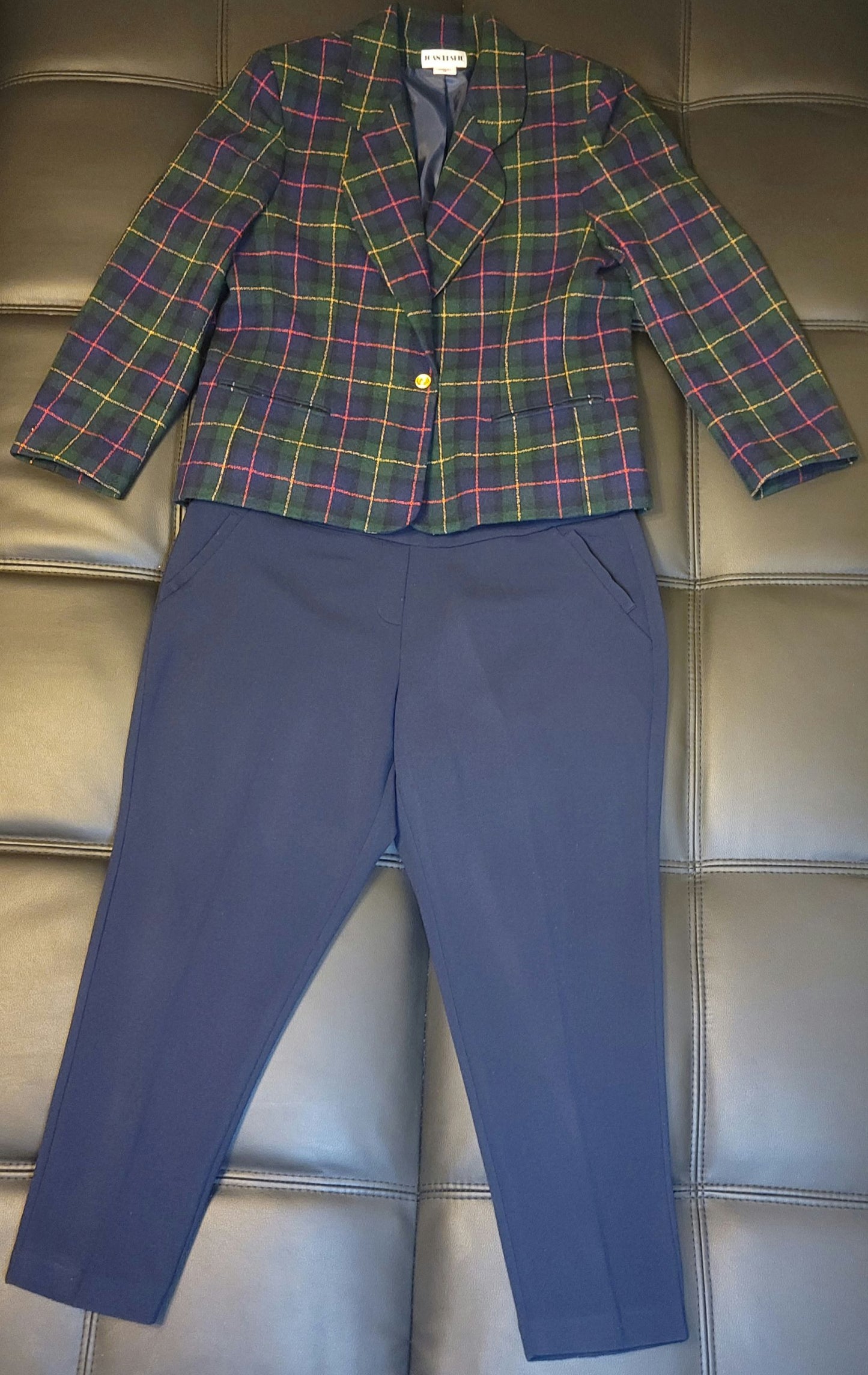 Plaid Blazer with Mid-rise Navy Blue Pants