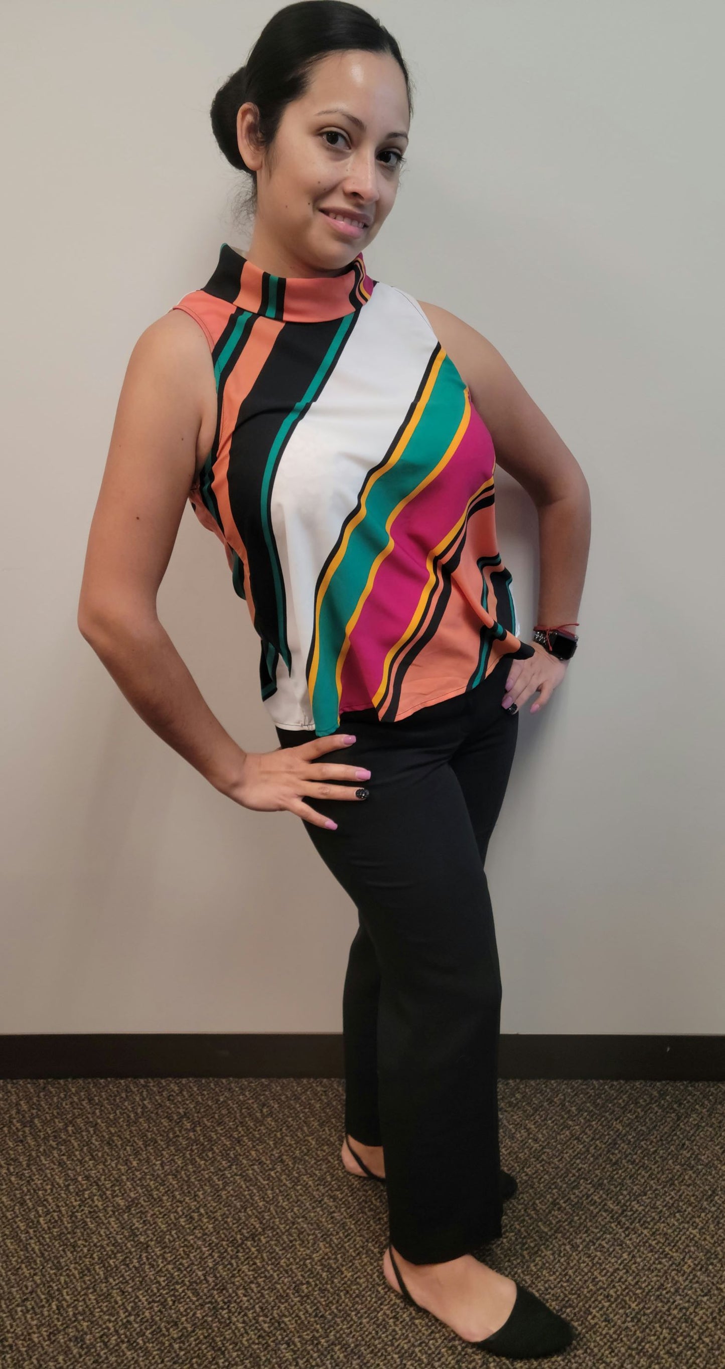 Multi-Colored Top with Black Slacks