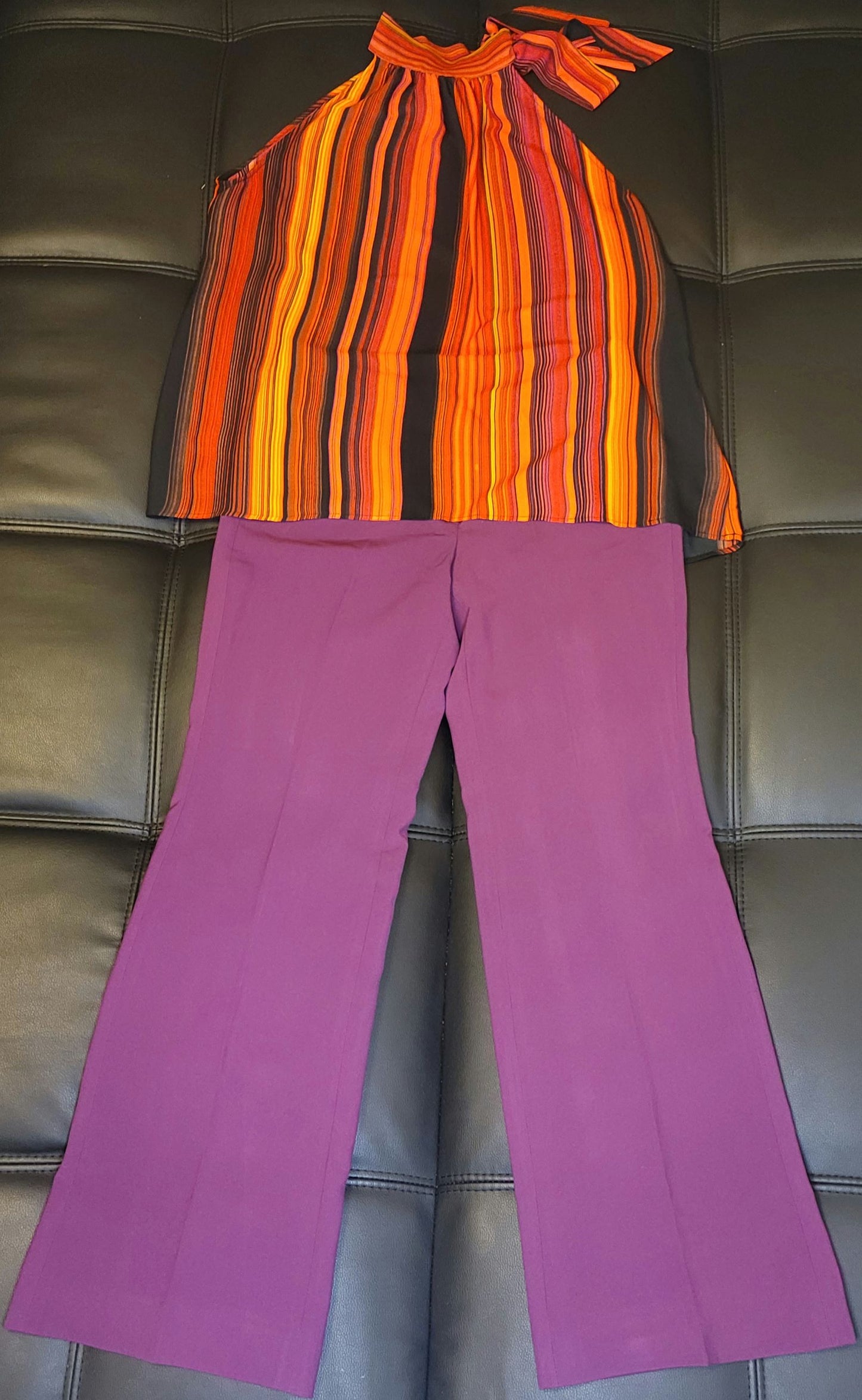 Multi-Colored Sleeveless Blouse and Purple Fashion Flare Slacks