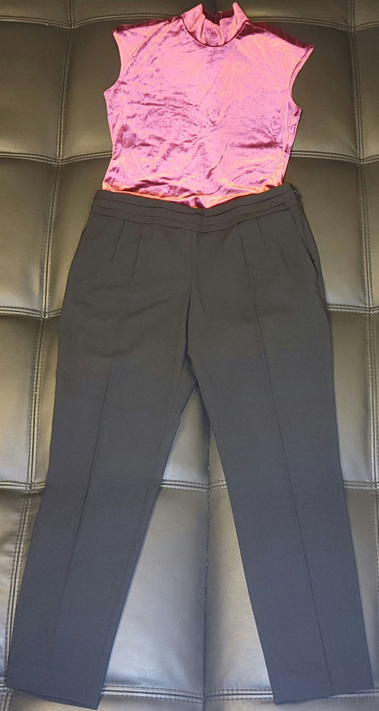 Magenta Sleeveless Velvet Top with Black Express Slacks