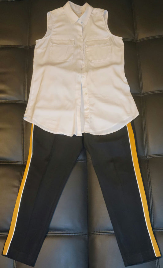 White Sleeveless Blouse and Black Pants with Yellow Stripe
