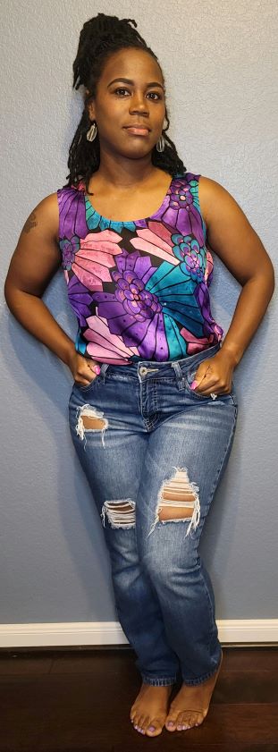 Sleeveless Floral Blouse with Distressed Straight Leg Jeans