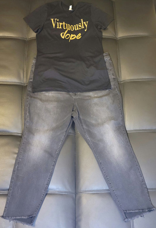Custom Made T-shirt with Washed Black Distressed Ankle Jeans